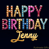 Vibrant luxury birthday greeting card for Jenny, showing glittering gemstone letters and golden calligraphy on a dark background with twinkling shine effects.