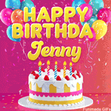 Pink-themed animated greeting with balloons, confetti, and a frosted cake under the message 'Happy Birthday Jenny' in bold rounded yellow font.