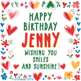 A colorful animated card for Jenny’s birthday featuring playful hearts, cheerful flowers, and a handwritten message wishing smiles and sunshine.