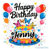 An animated birthday card for Jenny. It features a festive cake with her name, 'Jenny', and colorful butterflies. Floating balloons and hearts complete the joyful scene.