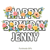 Beautiful outline typography wishing Happy Birthday to Jenny with animated flowers