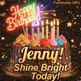 Close-up of a decorative chocolate cake with a glowing neon Happy Birthday sign and warm candle flames, made for Jenny.