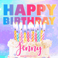 Animated Happy Birthday Cake with Name Jenny and Burning Candles