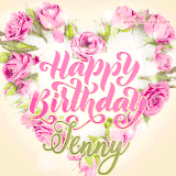 A stunning heart made of pink roses surrounds the elegant script text 'Happy Birthday Jenny' on a soft beige background. Animated sparkles add a magical and festive feel.