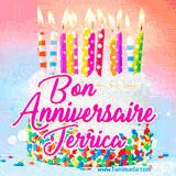 A white birthday cake covered in colorful sprinkles, topped with bright candles, and French text 'Bon Anniversaire Jerrica' on a pastel gradient background in an animated GIF.