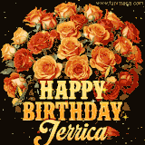 Animated bouquet of orange roses with moving butterfles and golden 'Happy Birthday Jerrica' text, surrounded by sparkling accents and a dark backdrop for a luxurious feel.