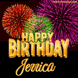 A golden 'Happy Birthday Jerrica' message with vibrant fireworks in the background, creating a festive and celebratory vibe in this animated name GIF.