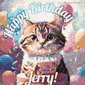 Happy birthday gif for Jerry with cat and cake
