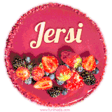 Beautifully decorated red velvet berry birthday cake with vibrant fruits and a glowing 'Jersi' name, adding a touch of sweetness and sparkle.