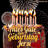 A chocolate birthday cake with glowing candles, the German text 'Alles Gute zum Geburtstag Jersi,' and vibrant fireworks lighting up the background in an animated GIF.