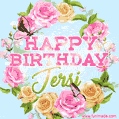 A charming animated GIF featuring 'Happy Birthday Jersi' in pink and green text, surrounded by delicate roses, leaves, and fluttering butterflies on a soft light blue pastel background.
