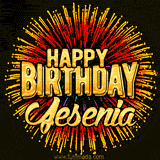 Golden 'Happy Birthday Jesenia' text accompanied by animated rainbow fireworks for a festive animated greeting.
