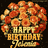 Animated bouquet of orange roses with moving butterfles and golden 'Happy Birthday Jesenia' text, surrounded by sparkling accents and a dark backdrop for a luxurious feel.