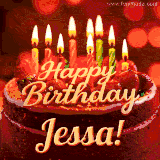 Beautifully decorated red velvet berry birthday cake with vibrant fruits and a glowing 'Jessa' name, adding a touch of sweetness and sparkle.