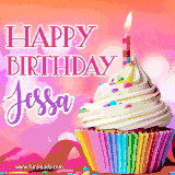 A vibrant birthday GIF featuring a rainbow-colored cupcake topped with white frosting, sprinkles, and a lit candle. The text reads 'Happy Birthday Jessa' in bold pink and violet letters with white outline.