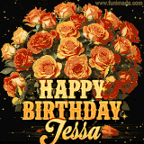 Animated bouquet of orange roses with moving butterfles and golden 'Happy Birthday Jessa' text, surrounded by sparkling accents and a dark backdrop for a luxurious feel.