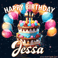 Hand-drawn happy birthday cake adorned with an arch of colorful balloons - name GIF for Jessa