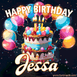 Bright birthday animation for Jessa with a chocolate cake, candles, balloons, and glowing celebratory lights.