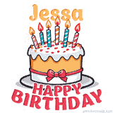 Cartoon birthday cake with a red bow, glowing candles, and 'Jessa Happy Birthday' text in bold animated style.