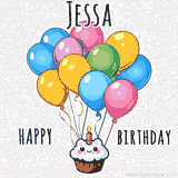 An adorable and cute cupcake with a smiley face and moving colorful balloons create a joyful birthday greeting for Jessa in this cheerful animated greeting E-card.