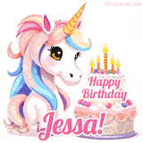 An adorable animated unicorn with soft pastel colors sits beside a birthday cake with glowing candles, and a pink 'Happy Birthday Jessa!' words.