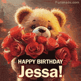 Cinematic style cute animated teddy bear with charming features holding a large bouquet of red roses, the words say 'Happy Birthday Jessa' in sans serif font.