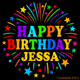 Personalized greeting card with name, colorful text that says 'Happy Birthday Jessa' surrounded by animated fireworks and multicolor stars