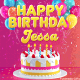Pink-themed animated greeting with balloons, confetti, and a frosted cake under the message 'Happy Birthday Jessa' in bold rounded yellow font.