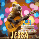 Animated birthday GIF showing a capybara playing guitar and singing beside a birthday cake with the name Jessa in large letters and colorful bokeh lights in the background.