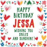 A colorful animated card for Jessa’s birthday featuring playful hearts, cheerful flowers, and a handwritten message wishing smiles and sunshine.