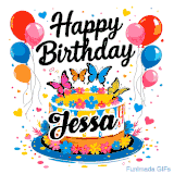 An animated birthday card for Jessa. It features a festive cake with her name, 'Jessa', and colorful butterflies. Floating balloons and hearts complete the joyful scene.