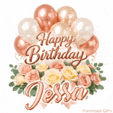 A bouquet of pastel roses and green leaves with Happy Birthday Jessa animation