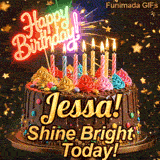 A customized birthday ecard for Jessa displaying a rich chocolate cake with a sparkly dark background.