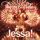 A customized birthday ecard for Jessa displaying gold and red balloons with a sparkly firework background.