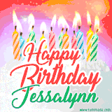 Bright birthday candles with rainbow flames on a cake, alongside the text 'Happy Birthday Jessalynn' in vibrant script in this celebratory animated GIF.