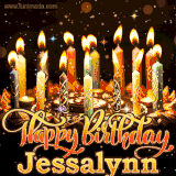 A glowing personalized birthday GIF with name Jessalynn featuring lit candles with intricate designs, warm lighting, and the text 'Happy Birthday' in an elegant font.