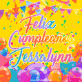 A bright and festive GIF with the text 'Feliz Cumpleaños Jessalynn' in Spanish in colorful fonts, surrounded by confetti, balloons, and festive banners on a vibrant yellow background.