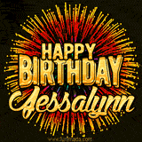 Golden 'Happy Birthday Jessalynn' text accompanied by animated rainbow fireworks for a festive animated greeting.