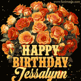Animated bouquet of orange roses with moving butterfles and golden 'Happy Birthday Jessalynn' text, surrounded by sparkling accents and a dark backdrop for a luxurious feel.