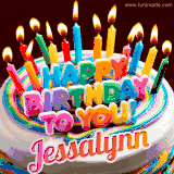A colorful birthday cake topped with lit candles, with the words 'Happy Birthday Jessalynn' in bold glowing letters on a burgundy background. Animated flames add a festive touch.