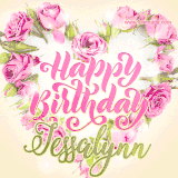 A stunning heart made of pink roses surrounds the elegant script text 'Happy Birthday Jessalynn' on a soft beige background. Animated sparkles add a magical and festive feel.