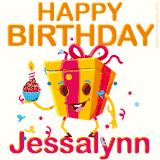 A vibrant and funny gift box character with a happy face dancing with a cupcake and the text 'Happy Birthday Jessalynn,' surrounded by animated confetti and party vibes.