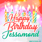 Bright birthday candles with rainbow flames on a cake, alongside the text 'Happy Birthday Jessamond' in vibrant script in this celebratory animated GIF.