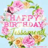 A charming animated GIF featuring 'Happy Birthday Jessamond' in pink and green text, surrounded by delicate roses, leaves, and fluttering butterflies on a soft light blue pastel background.