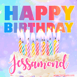 A vibrant animated name GIF with the words 'Happy Birthday Jessamond' with colorful candles on a creamy cake. The background sparkles with pastel shades, adding a festive touch.
