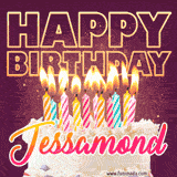 A colorful birthday cake topped with lit candles, with the words 'Happy Birthday Jessamond' in bold glowing letters on a burgundy background. Animated flames add a festive touch.