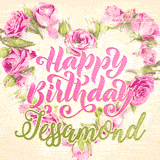 A stunning heart made of pink roses surrounds the elegant script text 'Happy Birthday Jessamond' on a soft beige background. Animated sparkles add a magical and festive feel.