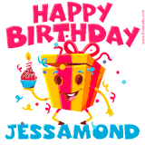 A vibrant and funny gift box character with a happy face dancing with a cupcake and the text 'Happy Birthday Jessamond,' surrounded by animated confetti and party vibes.