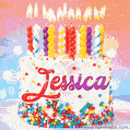 Personalized for Jessica elegant birthday cake adorned with rainbow sprinkles, colorful candles and glitter