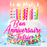 A white birthday cake covered in colorful sprinkles, topped with bright candles, and French text 'Bon Anniversaire Jessie' on a pastel gradient background in an animated GIF.
